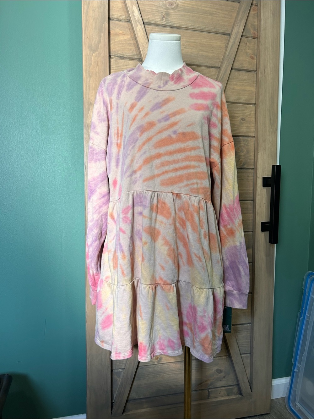 Tie-Dye Tiered Long-Sleeve Dress - Pink, Orange, Purple